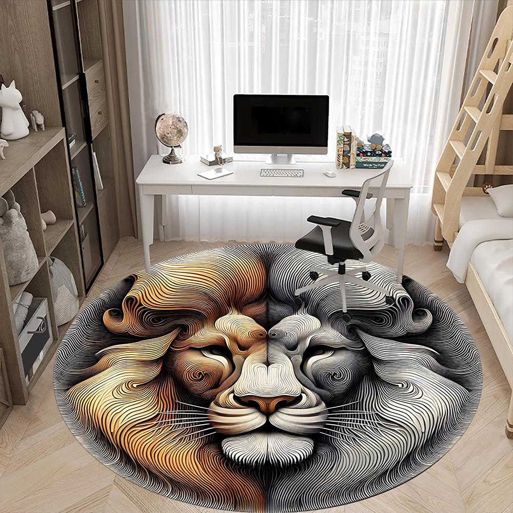 1 Stück Löwenkopf Kunst Stuhl Teppich für Büro, Runder Rutschfester Langlebiger Großer Büroteppich, Geeignet für Büro, Schöne Dekoration