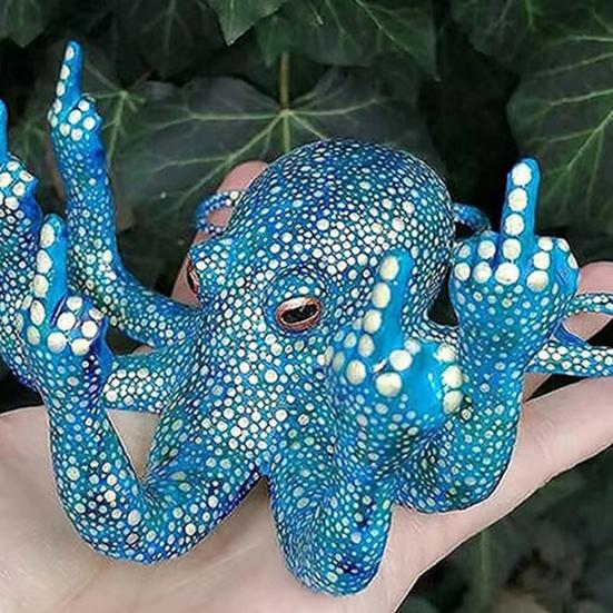 Luminous Gesture Octopus Statue, Resin Octopus Figurine, Middle Finger Octopus Statue, Sea Animal Octopus Decoration for Home Office Desktop