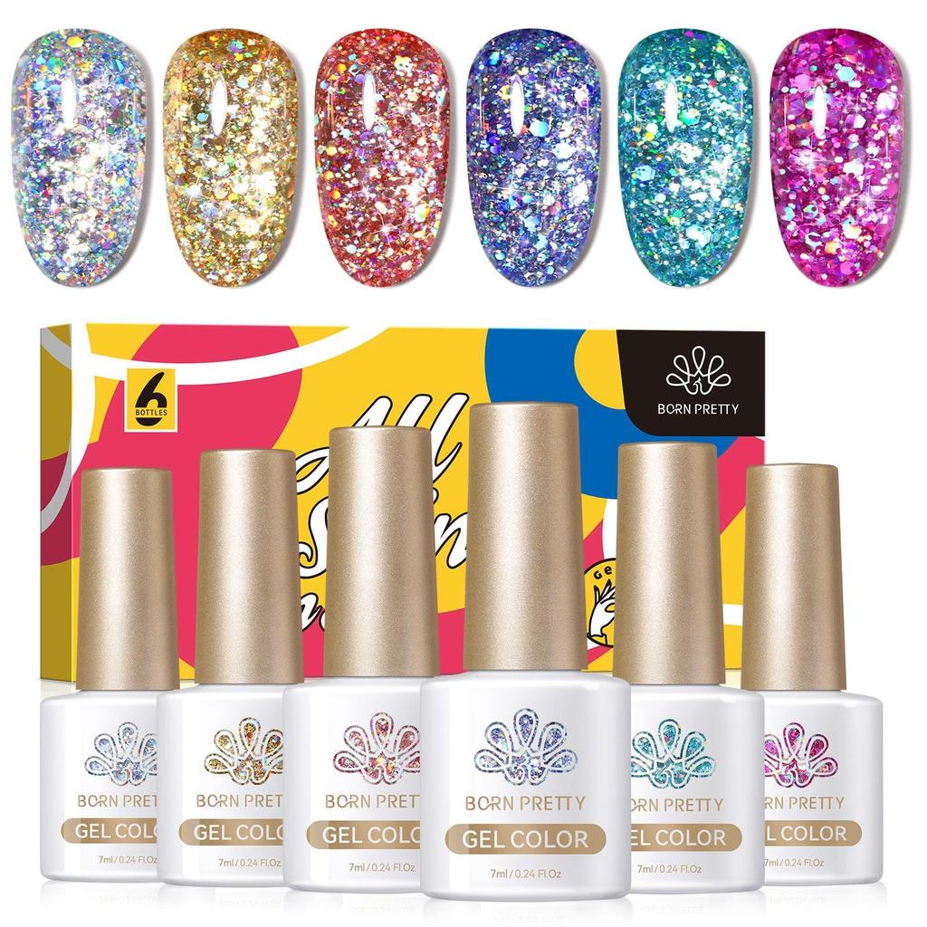 BORN PRETTY Gel Nail Color Glitter Holographic 6 Colors Polish Art Set Gel, Glitter, Spring/Summer Nails, (Gold, Blue), UV/LED Compatible, Type,