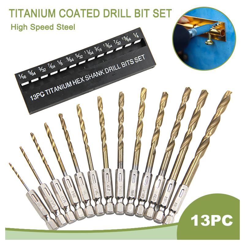 13 szt. System Brytyjski Uchwyt Sześciokątny Powłoka Tytanowa Wiertło Kręte 1/16-1/4 Zestaw Narzędzi Wiertarskich Wkrętarka Wiertarka Elektryczna