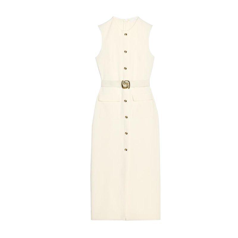 Summer New Product Women's Clothes Decorated Row Button with Belt Crepe Sleeveless round Neck Midi Skirt Dress 3897054