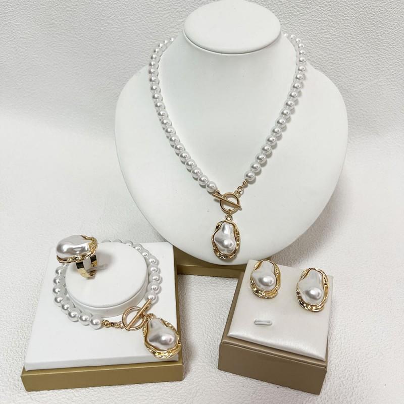 Baroque Irregular Pearl 5-Piece Set Vintage Geometric Jewelry Necklace Earrings Ring Bracelet Women