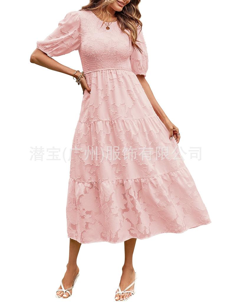 Spot new European and American women's clothing lace short sleeves front and rear collection waist crew neck dress women