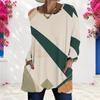 Women Plus Size Round Neck Long Sleeve Printed Blue White Loose Longline T Shirt With Pockets