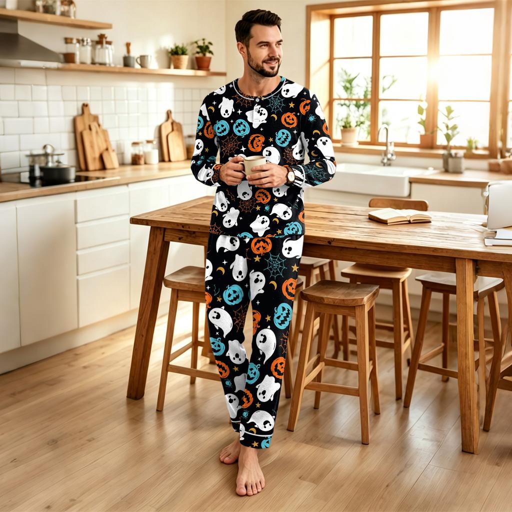 Men's Halloween Print Loose Fit Pajama Set for Casual Sleepwear