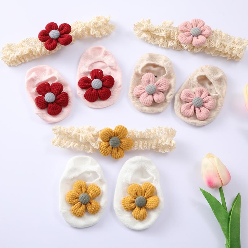 Baby Girl Knitting Flower Cotton Socks Anti-slip Floor Ankle Socks Lace Headband Set Newborn Gift Outfits