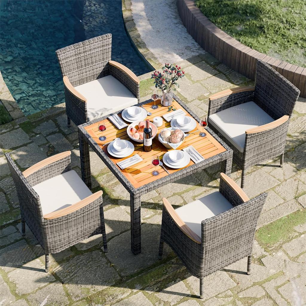 5-teiliges Outdoor-Terrassen-Essset, Rattan-Terrassenmöbelset mit Holztisch und 4 Stühlen mit weichen Kissen für Hof, Garten
