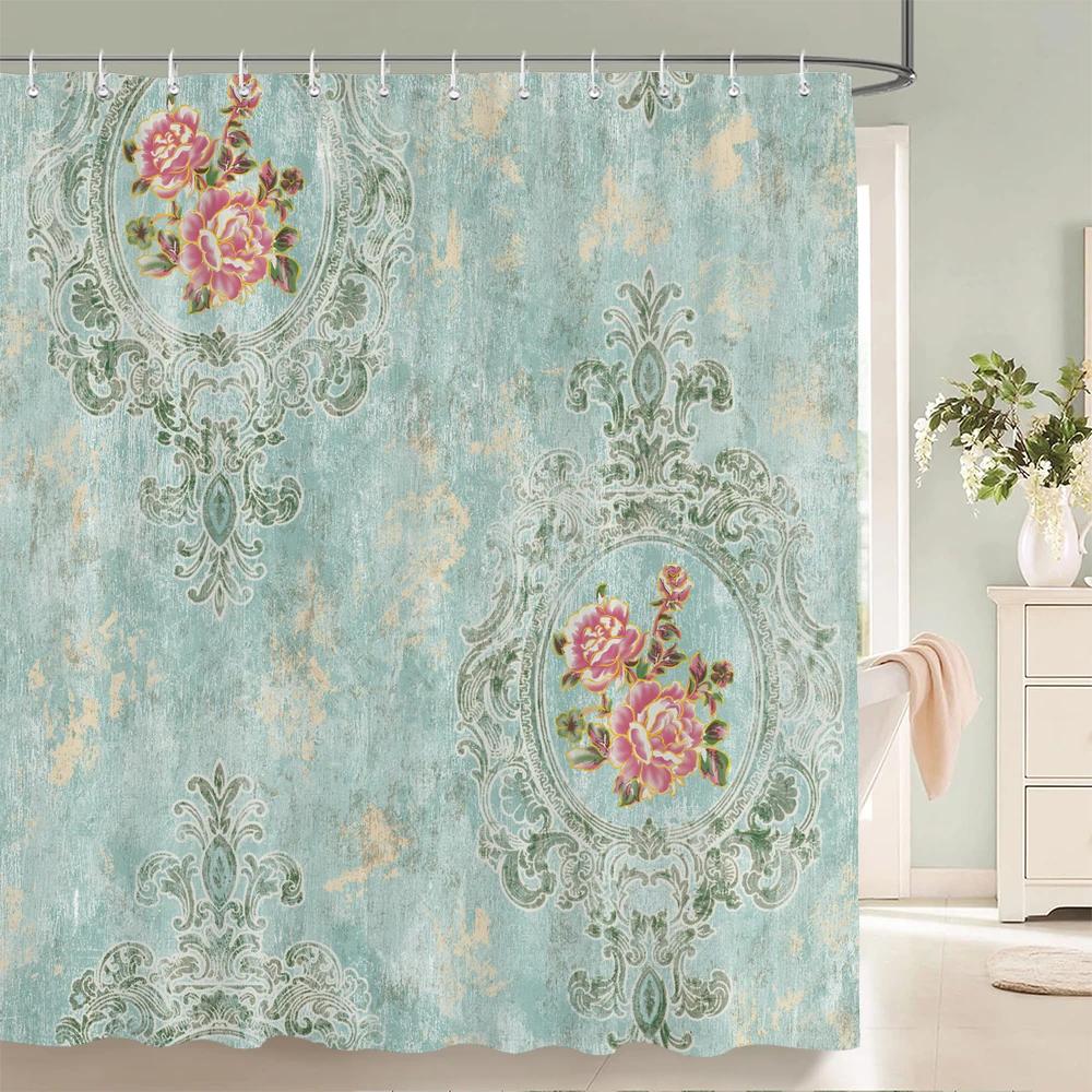 1Pc European Style Golden Flowers Shower Curtain Waterproof Fabric,Floral Print Partition Curtain Decorate Bathroom Curtain
