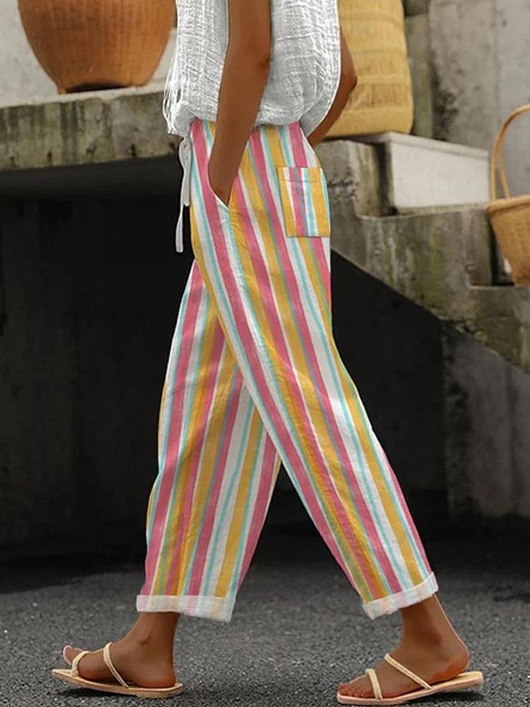 Women's Colorful Striped Wide Leg Pants with Drawstring Waist