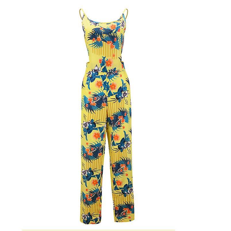 Stylish Bowknot Flower Printed Backless Sling Jumpsuit Soft All-match Leisure Clothing for Indoor Outdoor