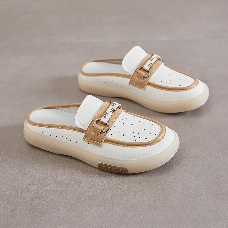 Baotou Slippers Women's 2025 Summer New Casual Versatile Cowhide Half-towed Soft Bottom Outer Wear Hollow Breathable Cool Slippers