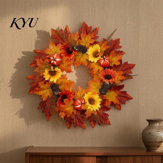 Decorative Door Hanger Fall Sunflower Maple Leaf Wreath with Pumpkin Pinecone, Thanksgiving Harvest Artificial Wreath, Indoor Outdoor Autumn Decor for