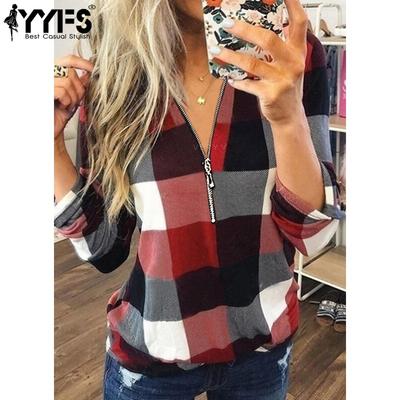 Women's Fashion Casual Spring Autumn Plaid Print Long Sleeve V-Neck Blouses & Shirts