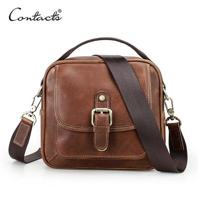 CONTACT'S Ekte Skinn Herre Liten Messenger Bag Mannlig Vintage Skuldervesker Brun Håndveske Luksus Klaff Reise Crossbody Vesker
