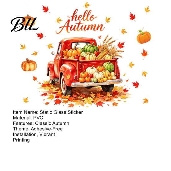Pumpkin Store Display Autumn Harvest Window Clings, Decorative Static Glass Sticker for Thanksgiving Home Shop Seasonal Art Decor, Removable PVC Maple