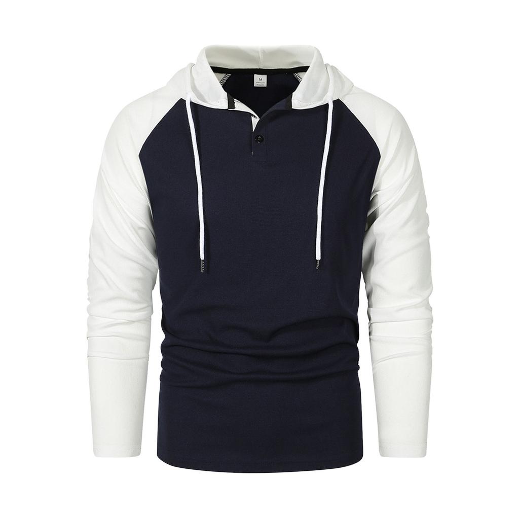 Men's Raglan Sleeve Colorblock Button Collar Hooded Sweatshirt Men's Sports Large Size Casual Pullover Sweatshirt