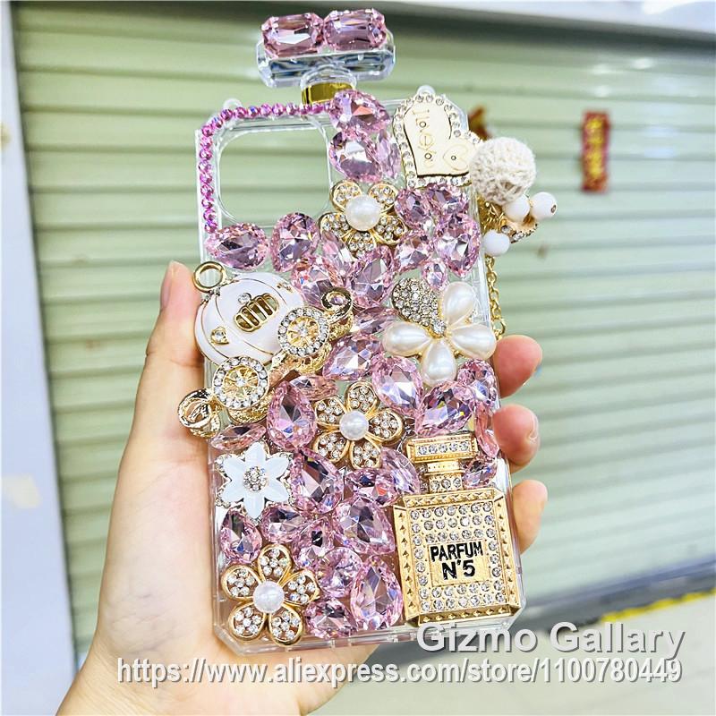 Hot Bling 3D Perfume Bottle Case for iPhone 13 11 12 14 Pro Max XR XS X 8 7 Plus/Samsung S23 S22 S21 Ultra S10 S9 S8 Plus 3D Pumpkin Bear Covers Strap