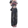 Smoke Grey High-Waisted Wide-Leg Ripped Denim Pants for Women – Loose, Slimming, Retro High Street Long Pants