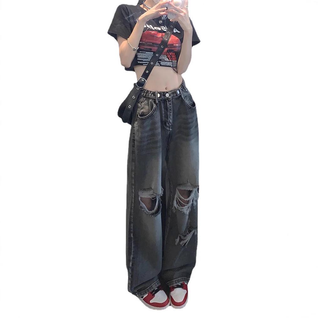 Smoke Grey High-Waisted Wide-Leg Ripped Denim Pants for Women – Loose, Slimming, Retro High Street Long Pants