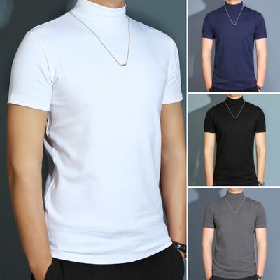 Herren Sommer T-Shirt Kurzarm Halbhoher Kragen Gestreift Einfarbig Pullover Slim Fit Weich Atmungsaktiv Business Casual