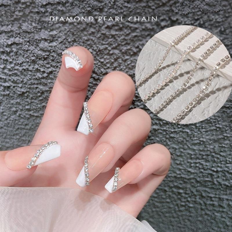 Pearl Claw Chain Nail Rhinestone 3D Metal Silver Diamond Pearl Chain Can Be Cut DIY Nail Art Decorations Accessory