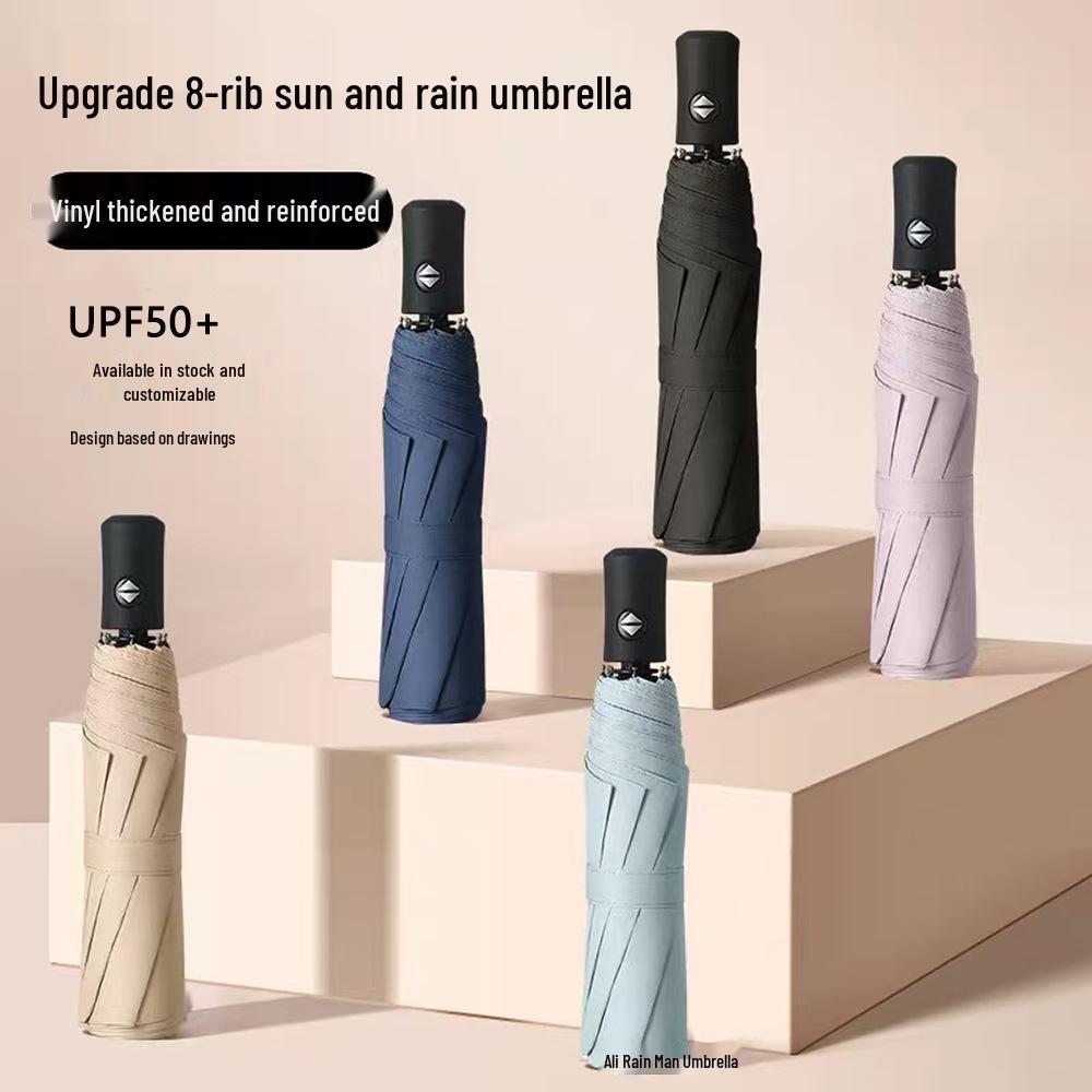 8-Rib Automatic Three-Fold Umbrella with Logo, Thickened Black Glue for Sun and Rain