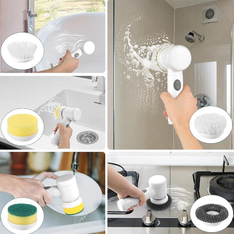 Electric Cleaning Brush Handheld Usb Rechargeable Ipx6 Waterproof 6 Replaceable Heads For Kitchen Bathroom Shoe Tile Cleaning