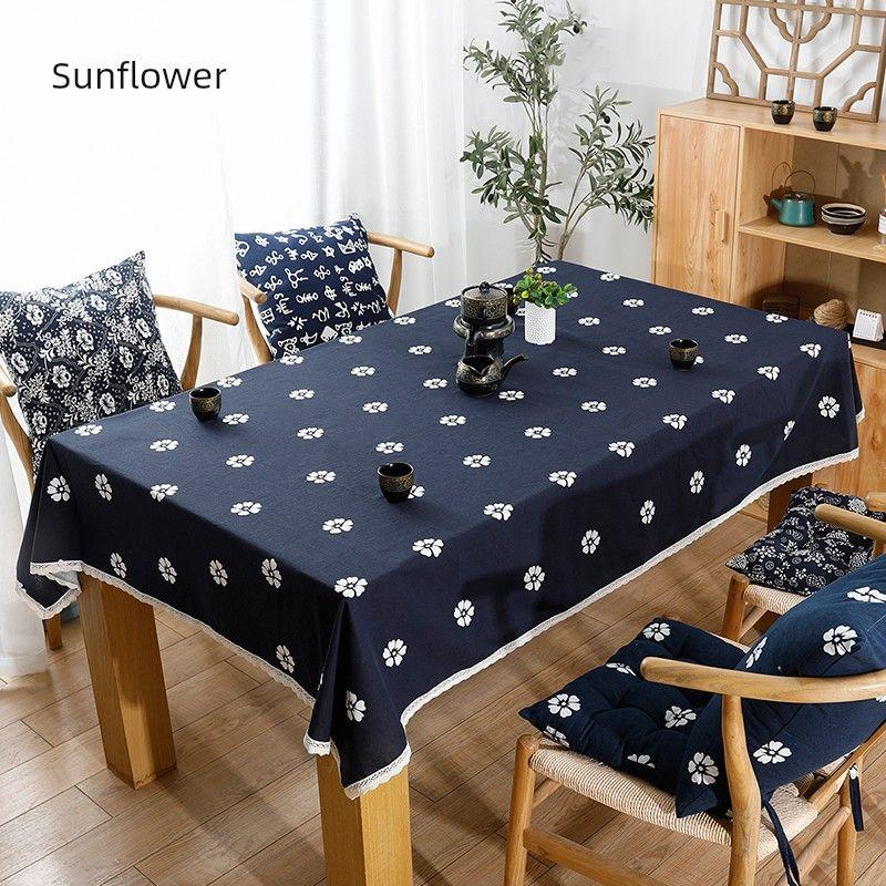 

Blue Flower Homestay Hotel Retro Tablecloth Fabric Oven Mitts Cotton and Linen Dining Table Cover Cloth Long Chinese Style Lace Tablecloth Sunflower 70 * 70cm