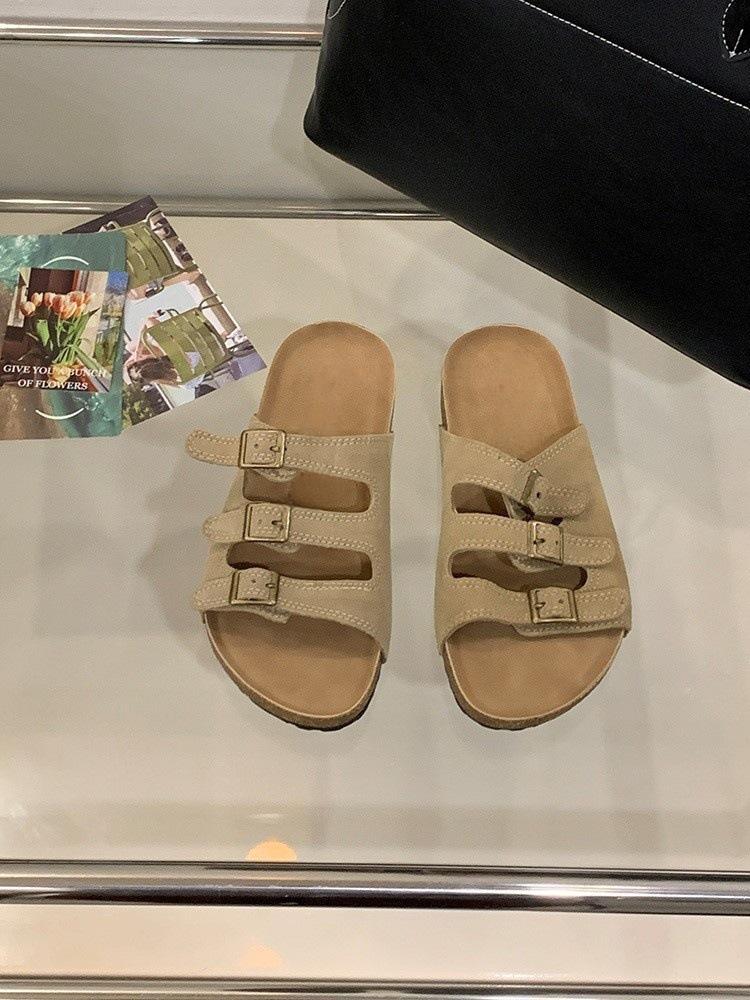 

One-word thick-soled slippers for women s summer wear retro flat-bottomed ugly cute cool slippers tide 40 абрикосовий