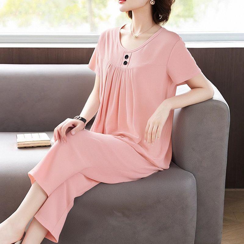 Summer Plus Size Women's Fashion Casual Commute Home Wear Set Short Sleeve Seven-Piece Pants Two-Piece Set