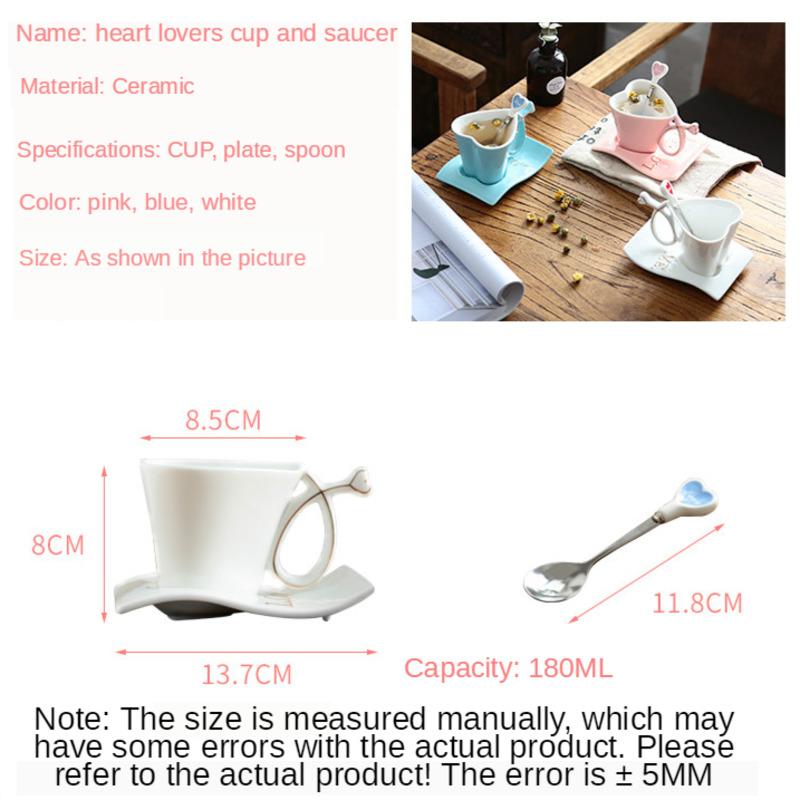 Creative Heart-Shaped Ceramic Cups, Couple Mugs, European Coffee Cup Set, Wedding Gifts, Drinkware Saucers, A Pair, 180ml