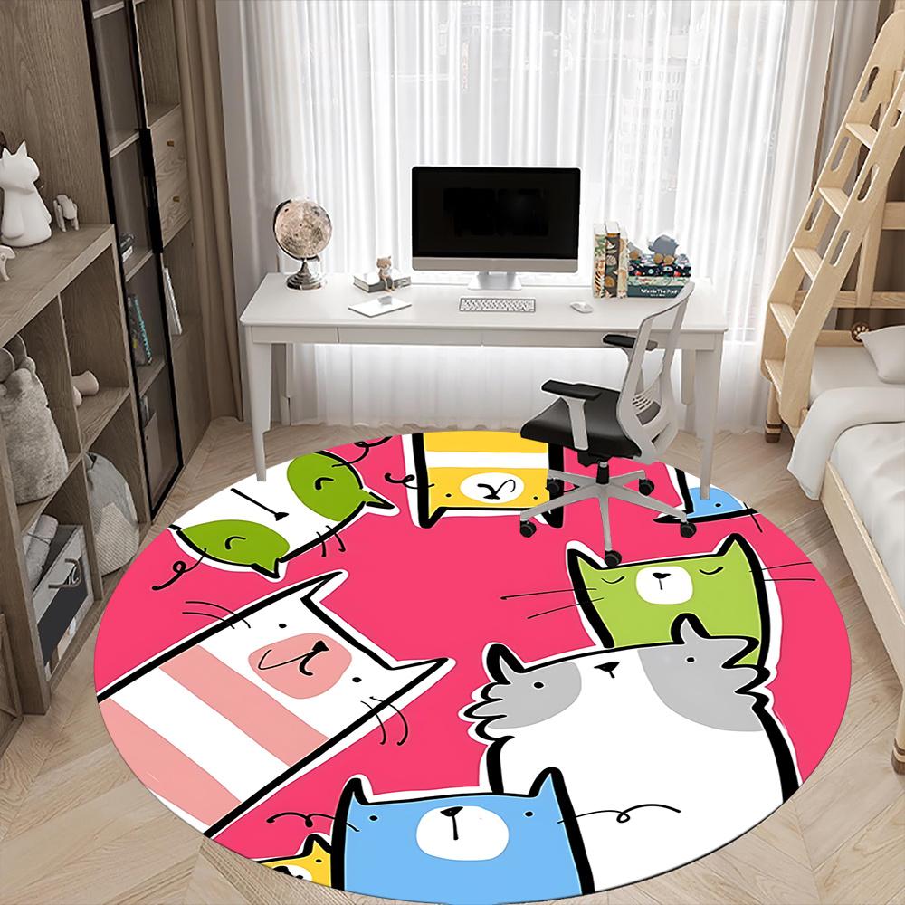 1pc Cat Family Office Round Area Rug, Indoor Mat Suitable ForOffice, Under Office Chairs Bedroom Living Room Home Decor, Room Deco 112