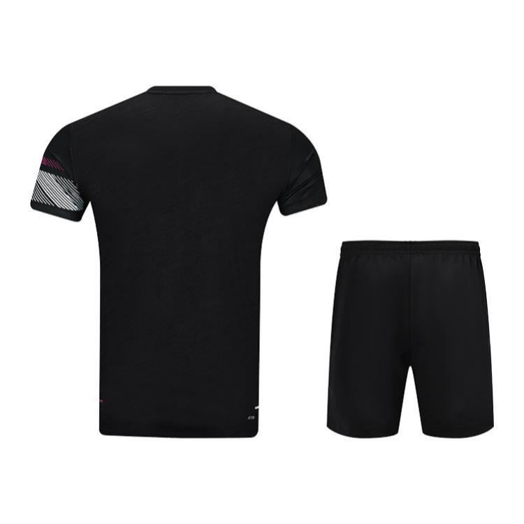 Li-Ning Geometric Color Block V-Neck Quick-Dry Cool Short Sleeve Versatile Comfortable Durable Sports Shorts Badminton Outfit AAYV031-1+AAPU133-1