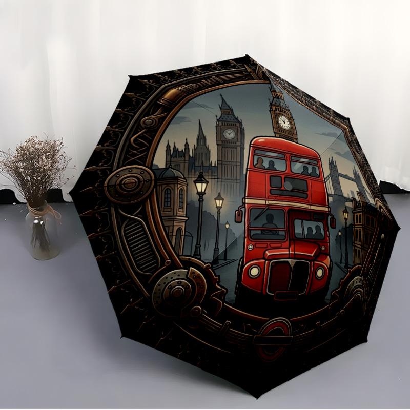 London Bus Steampunk pattern umbrella, portable and foldable design, 8 ribs, a casual accessory for Halloween, Christmas, and birthday gifts.