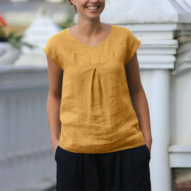 Letní nové dámské topy Ležérní volné jednobarevné krátkorukávové s výstřihem do V Bavlna a len Dámská trička
