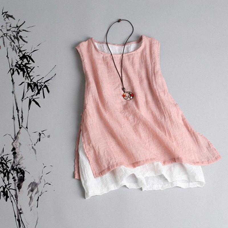 Dámské letní volné ležérní tílko s kulatým výstřihem a bez rukávů, dvouvrstvé, bavlněné a lněné topy