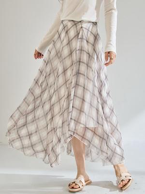 Plaid Asymmetrical Draped Chiffon Midi Skirt with Irregular Hem