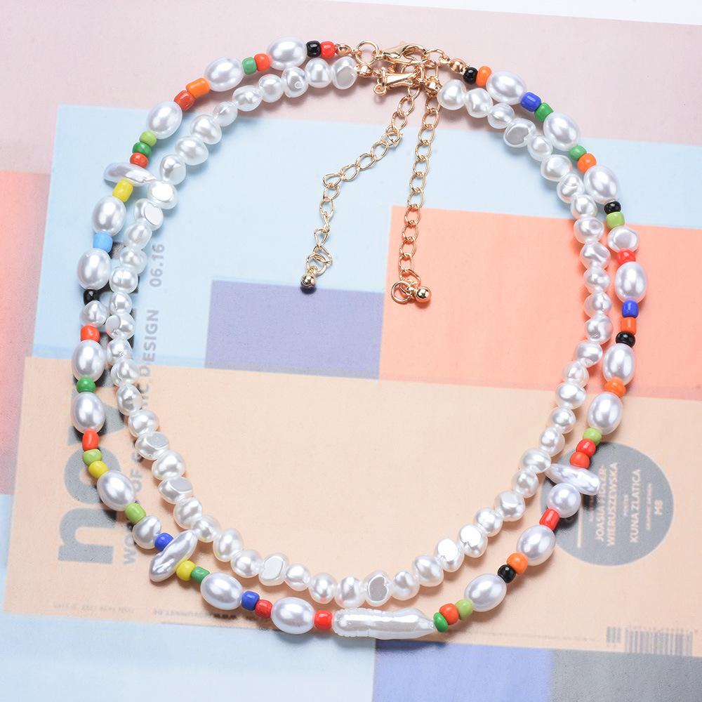Bohemian Handmade Pearl Multi-Layer Necklace, Simple And Creative Exaggerated Color Rice Bead Pendant Women'S Jewelry