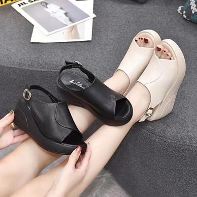 Summer Thick-soled Thick-heeled Sandals Women's Outer Wear Heightening Fashion Open-toed Fish-mouth Shoes Buckle High Heels Wholesale