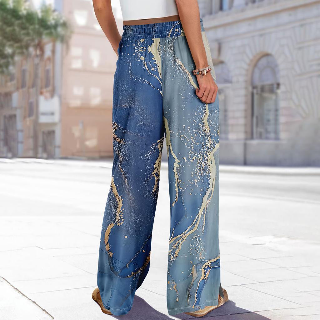 Women Summer Boho Palazzo Pants High Waist Wide Leg Floral Printing Casual Trousers With Pockets