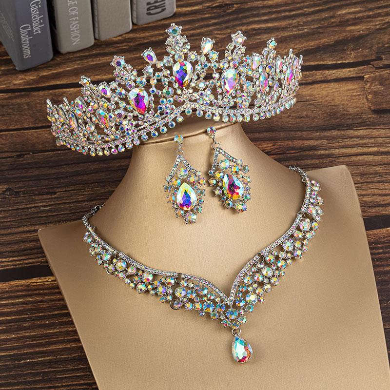 Gorgeous Crystal AB Bridal Jewelry Sets Fashion Tiaras Earrings Necklaces Set for Women Wedding Dress Crown Jewelry Set