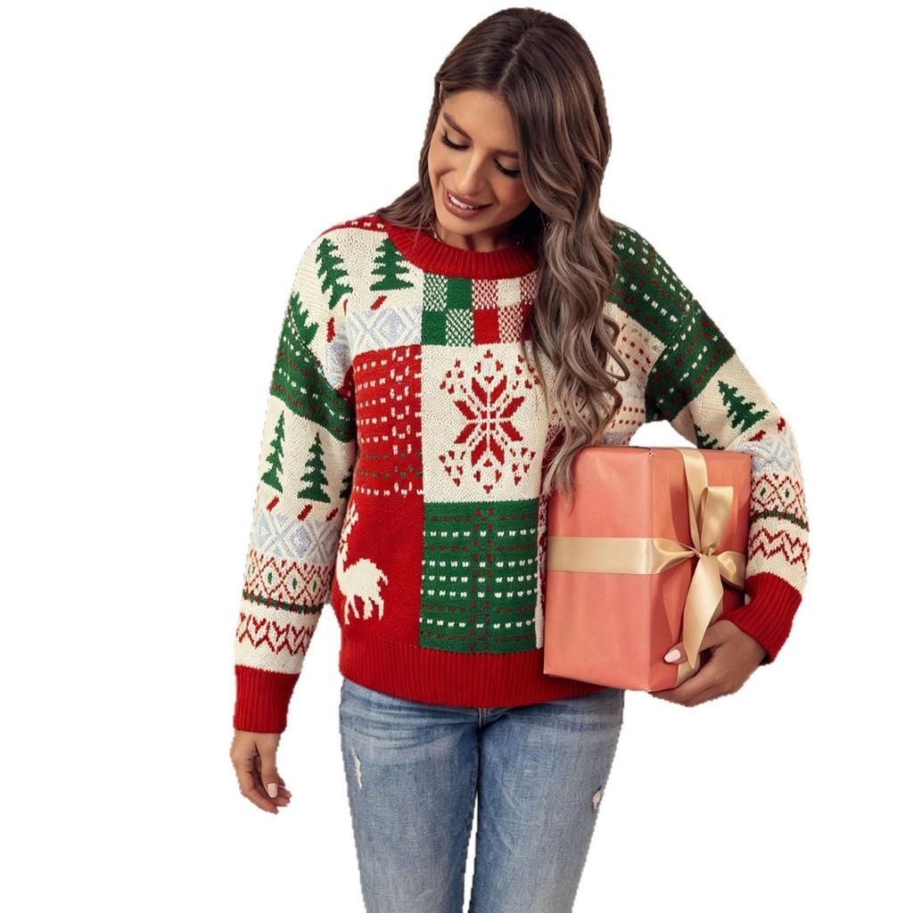 Women's Sweaters - Women's Plaid Christmas Jacquard Sweater, Crew Neck Long Sleeve Knit Top, Casual Christmas Outfit Women