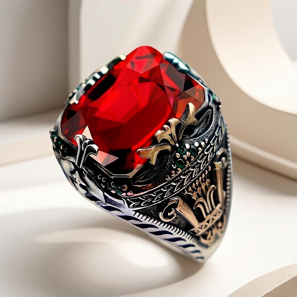 Vintage Men's Ring Stainless Steel Retro Castle Pattern Finger Ring Colorful Artificial Crystal Gemstone Statement Ring for Men