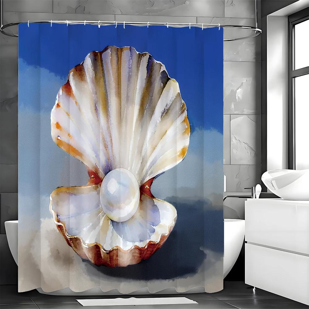 Aquarell Ozeanschale Perle Duschvorhang, Dekorativer Duschvorhang für das Badezimmer, Wasserdichter Duschvorhang mit Haken