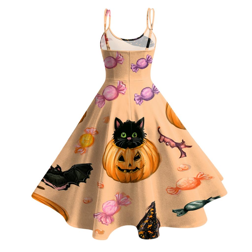 Women's Casual Sleeveless Halloween Print Dress for Holiday Parties and Everyday Wear