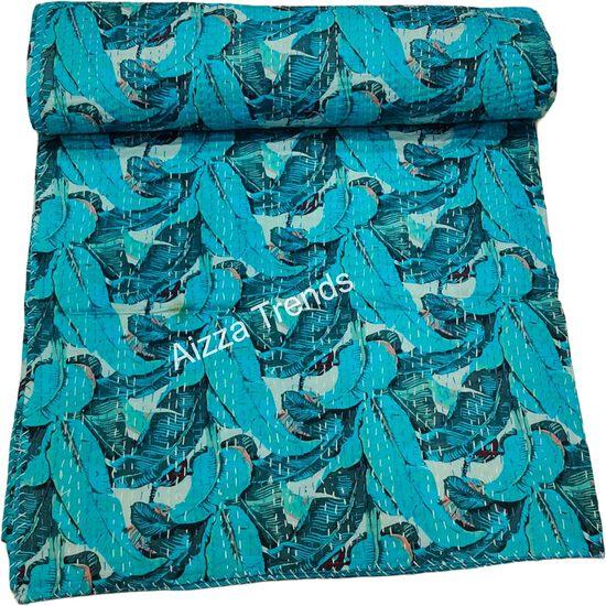 Aizza Trends Ručně vyráběná přikrývka Kantha z čisté bavlny s potiskem - Tradiční vzhled Přehoz na postel Kantha Gudri - Vintage Ruční steh Gudri