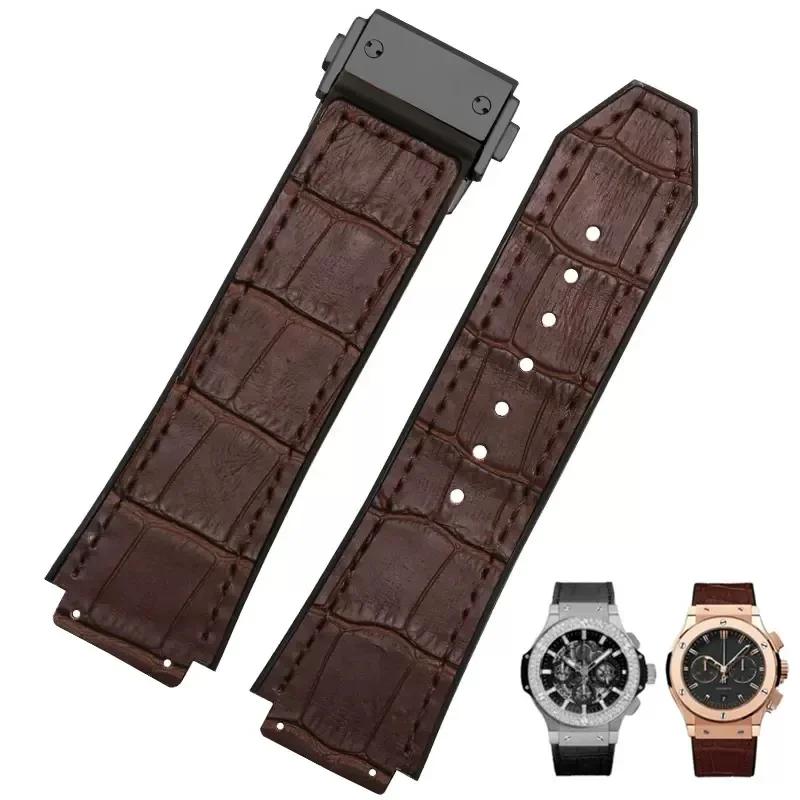 26X19mm Real Cow Leather Rubber Watchband for HUBLOT Classic Fusion Universe Big Bang Series Men belt Watch band butterfly Buckl