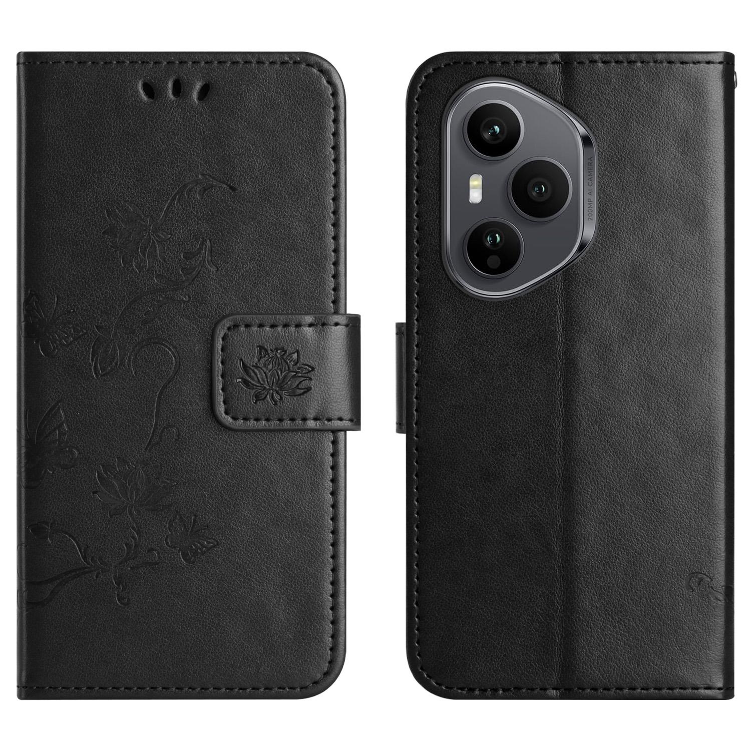 

For Honor 400 Pro 5G (Global) Case Wallet Stand Imprinted Butterfly Flower PU Leather Phone Cover Black
