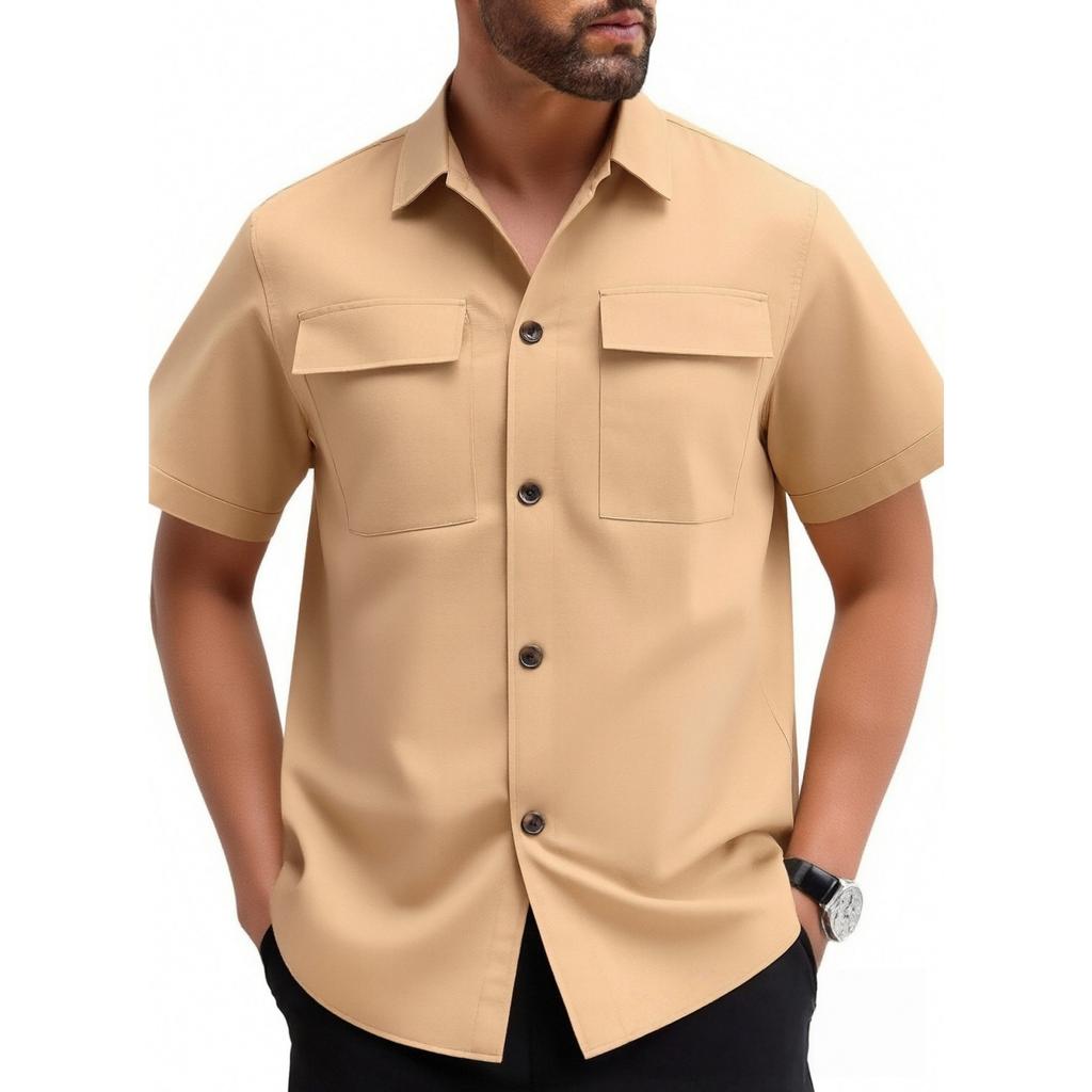 Camicia Estiva alla Moda da Uomo con Doppia Tasca - Camicia Casual Sportiva da Uomo con Bottoni a Maniche Corte
