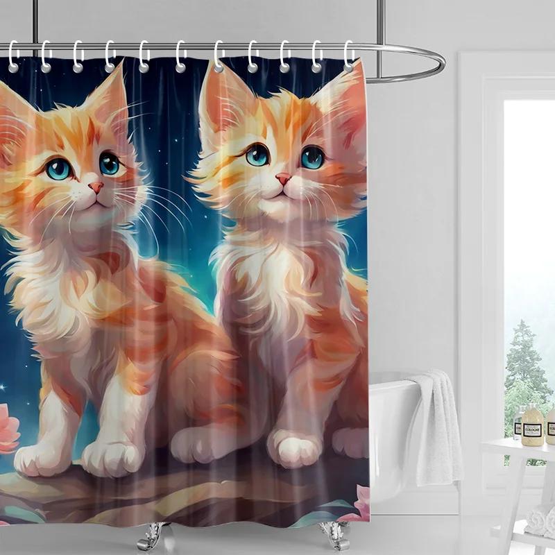 

Adorable Cat & Flower Shower Curtain Washable Dirt-Resistant Shower Head waterproof Polyester Bath Curtain For Home Decor 90x180CM